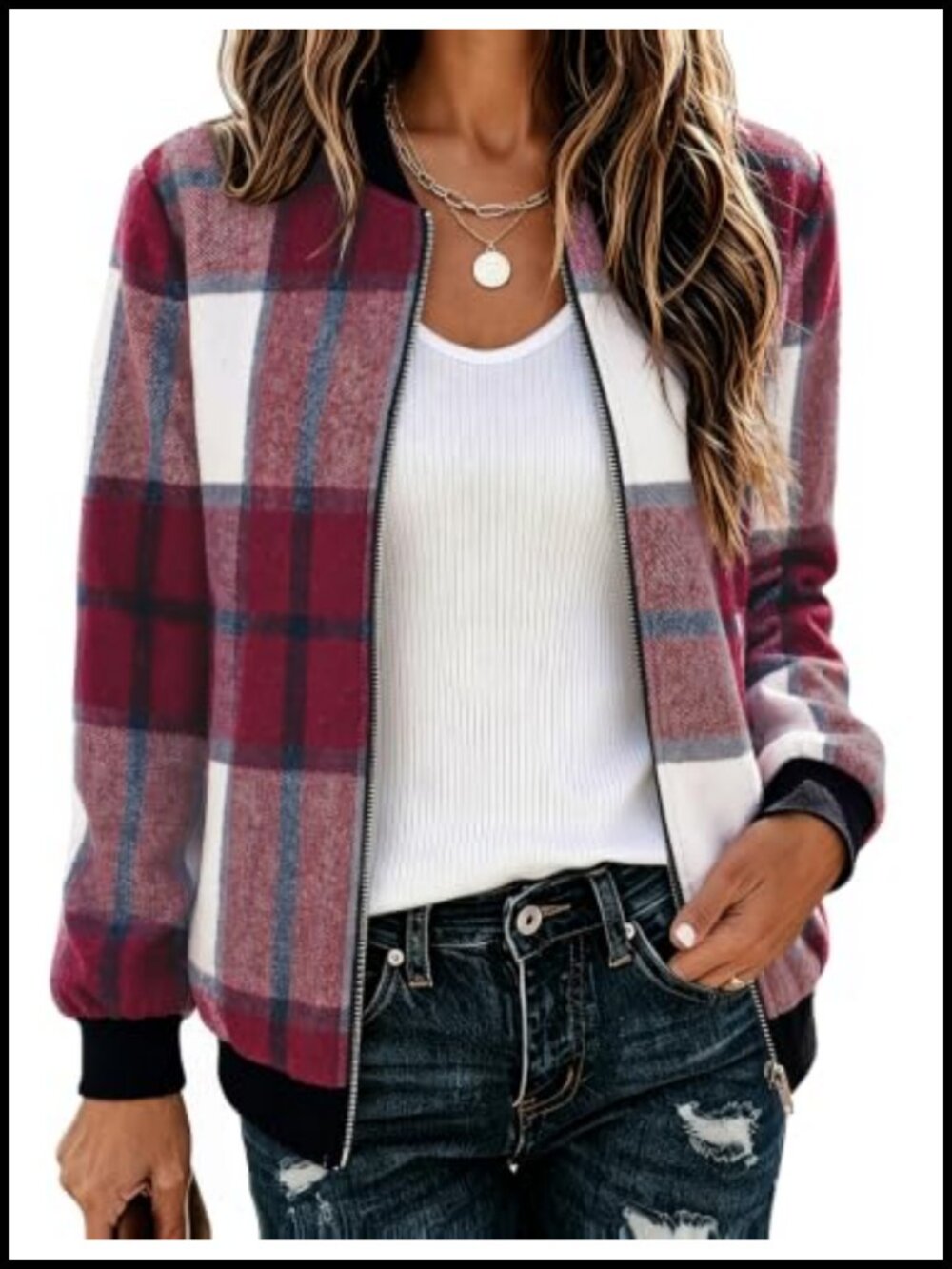 Lightweight Plaid Flannel Bomber Jacket Zip Up Casual Coat